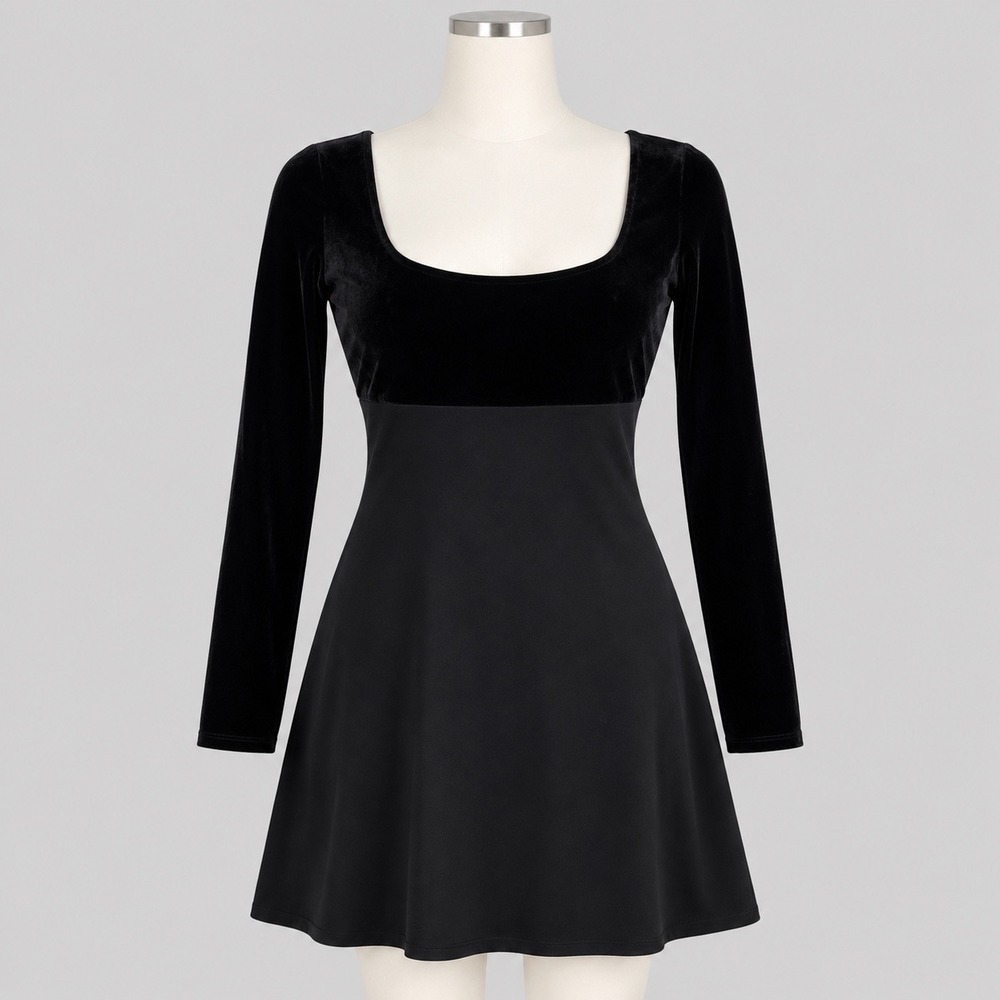 Moda International Velvet Dress Black Small? Y2K Empire Waist A-Line LBD Goth
